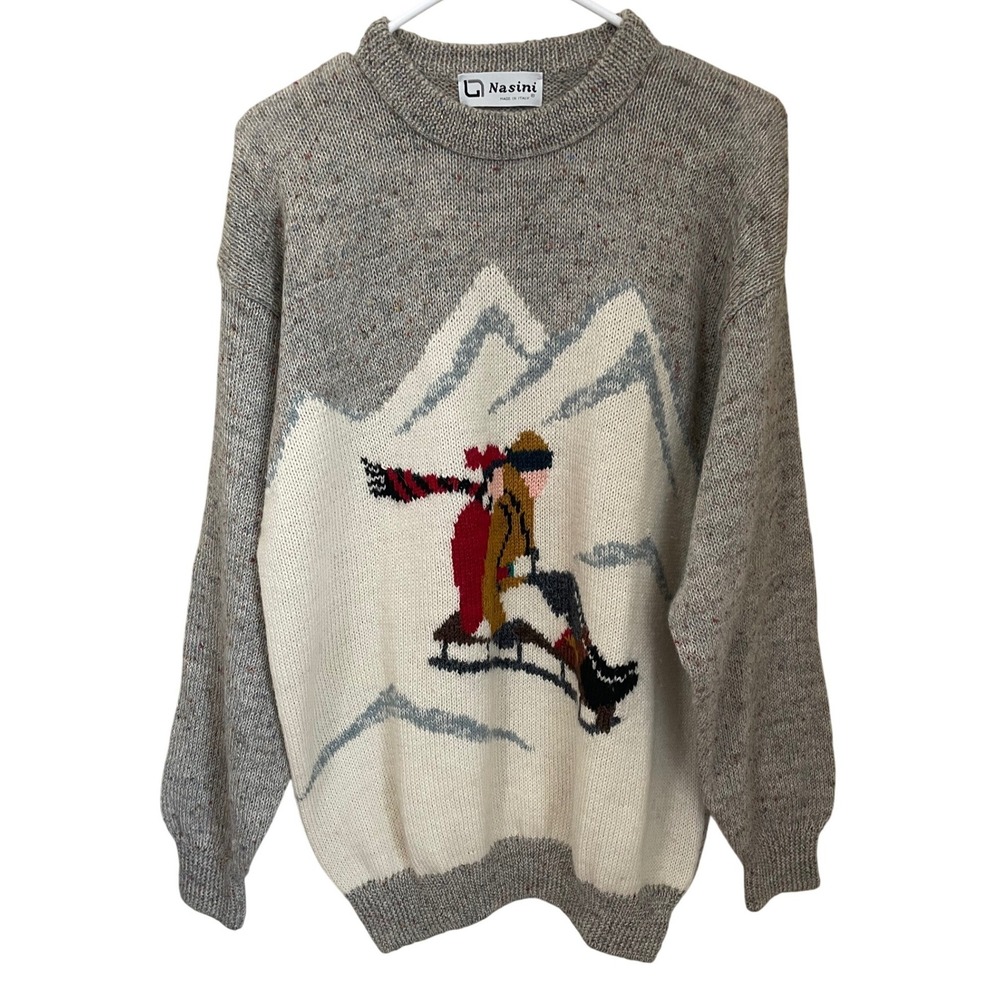 Vintage Nasini Made in Italy Wool Sweater Sledding Mountain Graphic Mens L/XL
